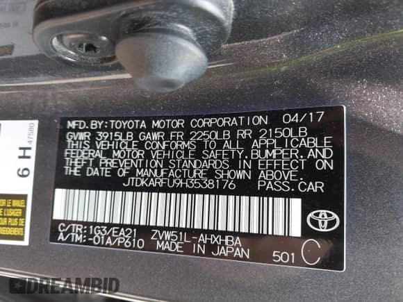 2017 Toyota Prius Two z VIN JTDKARFU9H3538176, wystawiony jako IAAI lot #42398875 z przebiegiem 125 757 mil mil oraz . Historia ofert i sprzedaży dostępna na DreamBid. Obrazek 9.