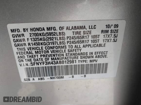 2010 Honda Pilot EX с VIN 5FNYF3H43AB012981, выставлен на аукционе IAAI как лот 42797106 с пробегом 209 732 миль миль и . История ставок и продаж доступна на DreamBid. Изображение 9.