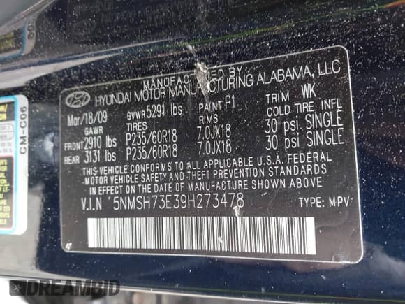 2009 Hyundai Santa Fe SE z VIN 5NMSH73E39H273478, wystawiony jako IAAI lot #42216820 z przebiegiem 196 233 mil mil oraz . Historia ofert i sprzedaży dostępna na DreamBid. Obrazek 9.