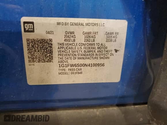 2022 Chevrolet Bolt EV 1LT with VIN 1G1FW6S00N4100956, listed as a Copart auction lot 59753645 with 57,700 mi miles and Salvage title. Bid and sale history available at DreamBid. Image 13.