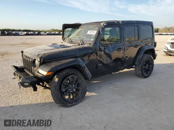 2021 Jeep Wrangler Unlimited Sahara High Altitude with VIN 1C4HJXEM0MW669053, listed as a Copart auction lot 77032134 with 41,133 mi miles and Salvage title. Bid and sale history available at DreamBid. Image 1.