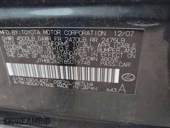 2008 Lexus IS 350 с VIN JTHBE262185019748, выставлен на аукционе IAAI как лот 42627014 с пробегом 111 349 миль миль и . История ставок и продаж доступна на DreamBid. Изображение 9.