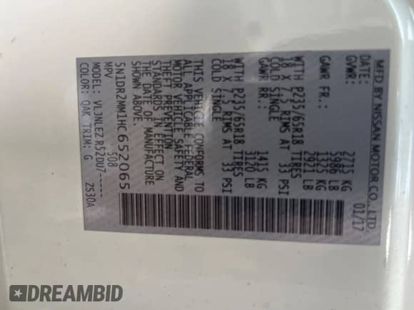 2017 Nissan Pathfinder SV z VIN 5N1DR2MM1HC652065, wystawiony jako Copart lot #81330595 z przebiegiem 148 576 mil mil oraz Czysty tytuł • Clean title. Historia ofert i sprzedaży dostępna na DreamBid. Obrazek 10.