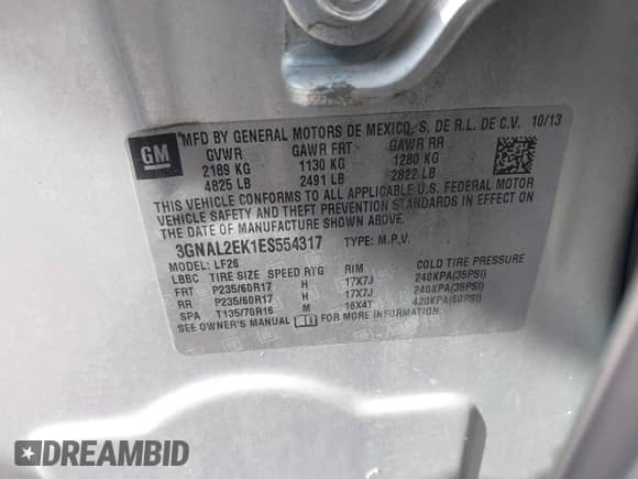 2014 Chevrolet Captiva Sport LS с VIN 3GNAL2EK1ES554317, выставлен на аукционе IAAI как лот 42896954 с пробегом 121 471 миль миль и . История ставок и продаж доступна на DreamBid. Изображение 9.