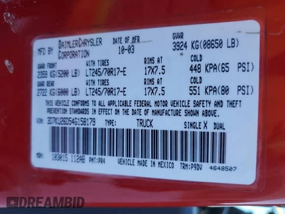 2004 Dodge 2500 SLT with VIN 3D7KU26D54G158179, listed as a Copart auction lot 41671205 with 110,283 mi miles and Clean title. Bid and sale history available at DreamBid. Image 13.