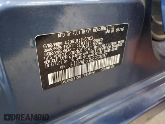 2016 Subaru Impreza Premium z VIN JF1GPAB63G8269497, wystawiony jako Copart lot #84402425 z przebiegiem 88 107 mil mil oraz Szkoda całkowita • Salvage title. Historia ofert i sprzedaży dostępna na DreamBid. Obrazek 12.