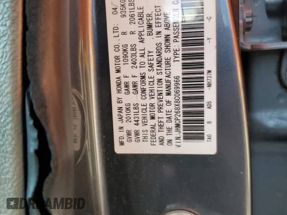 2008 Honda Accord EX-L with VIN JHMCP268X8C069966, listed as a Copart auction lot 84608815 with 223,053 mi miles and Clean title. Bid and sale history available at DreamBid. Image 12.