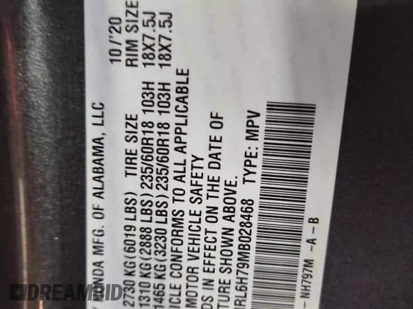 2021 Honda Odyssey EX-L with VIN 5FNRL6H79MB028468, listed as a Copart auction lot 80837545 with 77,630 mi miles and Salvage title. Bid and sale history available at DreamBid. Image 13.