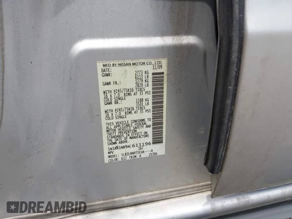 2010 Nissan Pathfinder SE with VIN 5N1AR1NB9AC611196, listed as a IAAI auction lot 42461426 with 124,922 mi miles and . Bid and sale history available at DreamBid. Image 9.