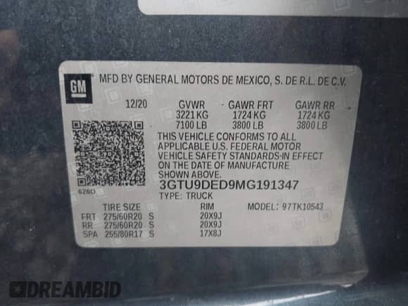 2021 GMC Sierra 1500 SLT with VIN 3GTU9DED9MG191347, listed as a IAAI auction lot 42918432 with 142,464 mi miles and . Bid and sale history available at DreamBid. Image 9.