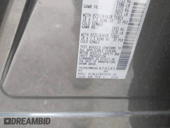 2017 Nissan Pathfinder SL with VIN 5N1DR2MM3HC674181, listed as a IAAI auction lot 42346929 with 105,635 mi miles and . Bid and sale history available at DreamBid. Image 9.