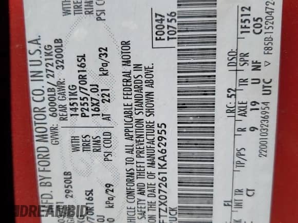 2001 Ford F-150 XL z VIN 1FTZX07261KA62955, wystawiony jako Copart lot #56580915 z przebiegiem 159 451 mil mil oraz Szkoda całkowita • Salvage title. Historia ofert i sprzedaży dostępna na DreamBid. Obrazek 12.