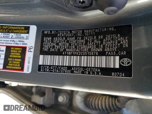 2012 Toyota Camry SE с VIN 4T1BF1FK2CU515676, выставлен на аукционе Copart как лот 83854625 с пробегом 174 284 миль миль и Списание • Salvage title. История ставок и продаж доступна на DreamBid. Изображение 12.