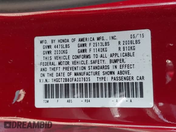 2015 Honda Accord EX-L z VIN 1HGCT2B80FA007635, wystawiony jako IAAI lot #42929295 z przebiegiem 131 695 mil mil oraz . Historia ofert i sprzedaży dostępna na DreamBid. Obrazek 9.