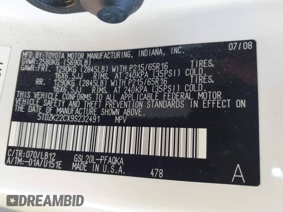 2009 Toyota Sienna XLE with VIN 5TDZK22CX9S232491, listed as a IAAI auction lot 43389674 with 298,733 mi miles and . Bid and sale history available at DreamBid. Image 9.