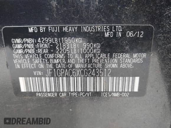 2012 Subaru Impreza Premium with VIN JF1GPAC6XCG243512, listed as a IAAI auction lot 42315805 with 160,080 mi miles and . Bid and sale history available at DreamBid. Image 9.