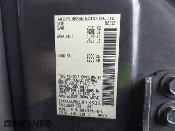 2012 Nissan Maxima SV z VIN 1N4AA5AP6CC833515, wystawiony jako IAAI lot #43527151 z przebiegiem 154 276 mil mil oraz . Historia ofert i sprzedaży dostępna na DreamBid. Obrazek 9.