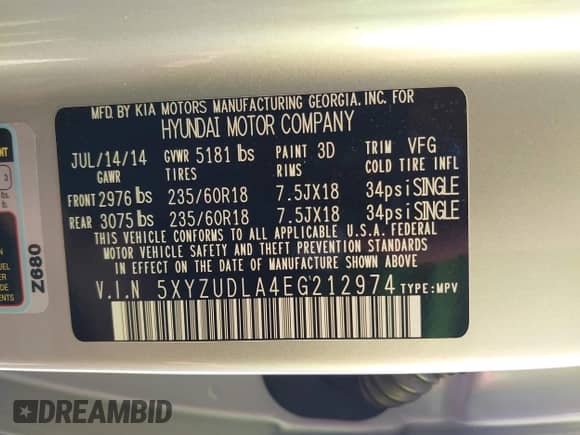 2014 Hyundai Santa Fe с VIN 5XYZUDLA4EG212974, выставлен на аукционе IAAI как лот 43347723 с пробегом 85 664 миль миль и . История ставок и продаж доступна на DreamBid. Изображение 9.