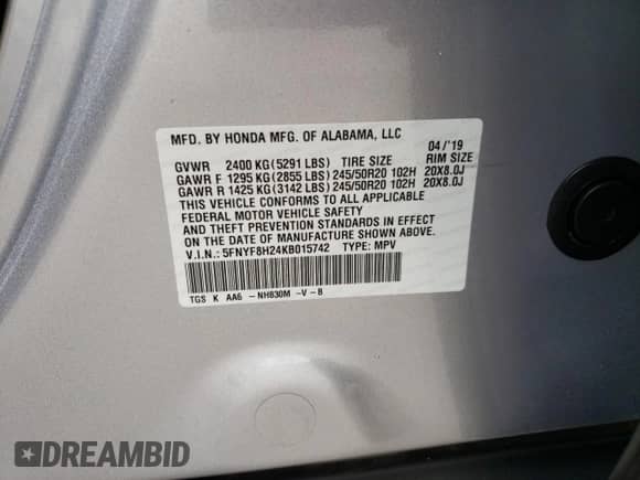 2019 Honda Passport Sport with VIN 5FNYF8H24KB015742, listed as a Copart auction lot 69545835 with 135,284 mi miles and Salvage title. Bid and sale history available at DreamBid. Image 13.