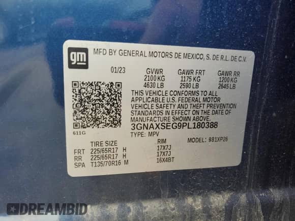 2023 Chevrolet Equinox LS with VIN 3GNAXSEG9PL180388, listed as a Copart auction lot 67703995 with 34,044 mi miles and Salvage title. Bid and sale history available at DreamBid. Image 14.