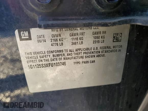 2015 Chevrolet Impala LT with VIN 1G1125S3XFU103746, listed as a Copart auction lot 86870515 with 101,381 mi miles and Salvage title. Bid and sale history available at DreamBid. Image 12.