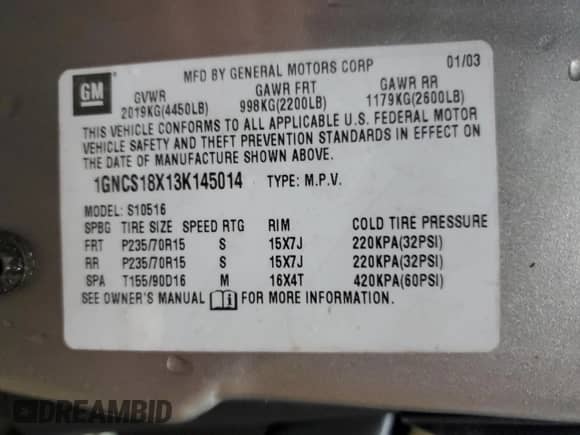 2003 Chevrolet Blazer LS z VIN 1GNCS18X13K145014, wystawiony jako Copart lot #80925074 z przebiegiem 205 401 mil mil oraz Czysty tytuł • Clean title. Historia ofert i sprzedaży dostępna na DreamBid. Obrazek 13.