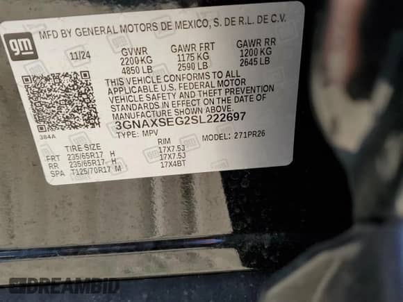 2025 Chevrolet Equinox AWD ACTIV with VIN 3GNAXSEG2SL222697, listed as a Copart auction lot 62753125 with 1,984 mi miles and Salvage title. Bid and sale history available at DreamBid. Image 13.