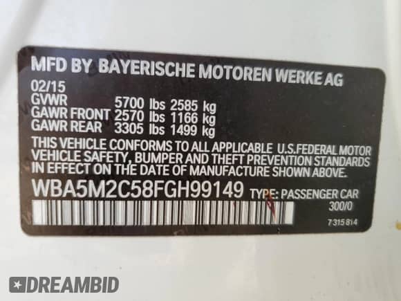 2015 BMW 5 Series 535i Gran Turismo with VIN WBA5M2C58FGH99149, listed as a Copart auction lot 57163285 with 124,610 mi miles and Salvage title. Bid and sale history available at DreamBid. Image 12.