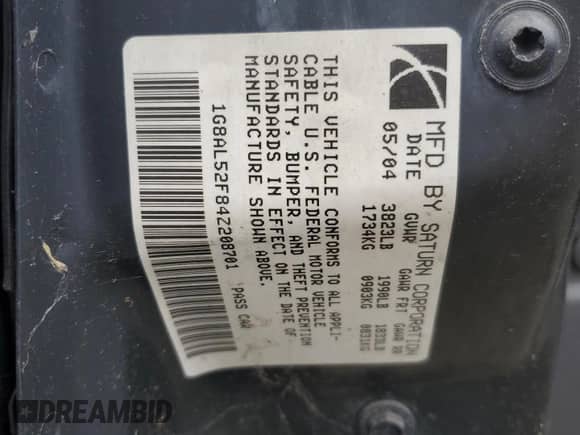 2004 Saturn ION ION 3 with VIN 1G8AL52F84Z208701, listed as a Copart auction lot 66760355 with 137,365 mi miles and Clean title. Bid and sale history available at DreamBid. Image 12.