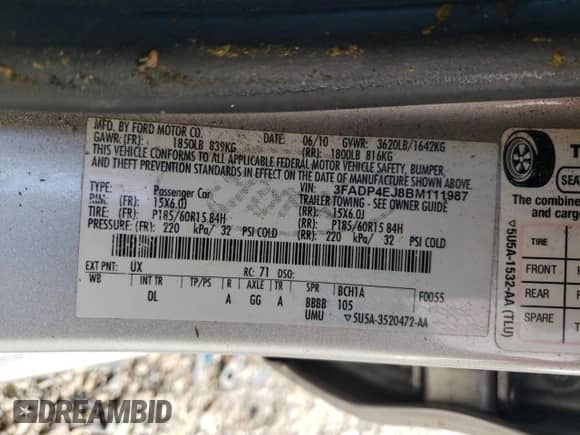 2011 Ford Fiesta SE with VIN 3FADP4EJ8BM111987, listed as a Copart auction lot 65947805 with 115,682 mi miles and Salvage title. Bid and sale history available at DreamBid. Image 13.