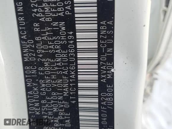 2020 Toyota Camry LE z VIN 4T1C11AK6LU360494, wystawiony jako Copart lot #81954155 z przebiegiem 136 991 mil mil oraz Szkoda całkowita • Salvage title. Historia ofert i sprzedaży dostępna na DreamBid. Obrazek 12.