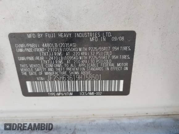 2009 Subaru Forester X with VIN JF2SH63619H758501, listed as a IAAI auction lot 42303581 with 207,078 mi miles and . Bid and sale history available at DreamBid. Image 9.