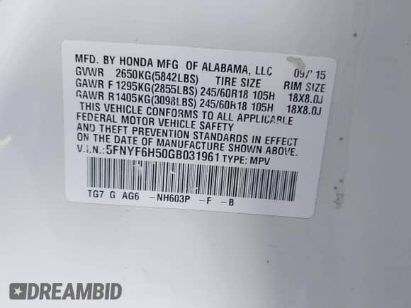 2016 Honda Pilot EX-L z VIN 5FNYF6H50GB031961, wystawiony jako IAAI lot #43427214 z przebiegiem 152 119 mil mil oraz . Historia ofert i sprzedaży dostępna na DreamBid. Obrazek 9.