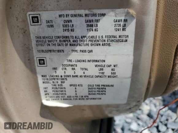1996 Chevrolet Caprice 1SA Special Value с VIN 1G1BL52P8TR118975, выставлен на аукционе Copart как лот 55893115 с пробегом Не указан миль и На запчасти • Non repairable. История ставок и продаж доступна на DreamBid. Изображение 12.