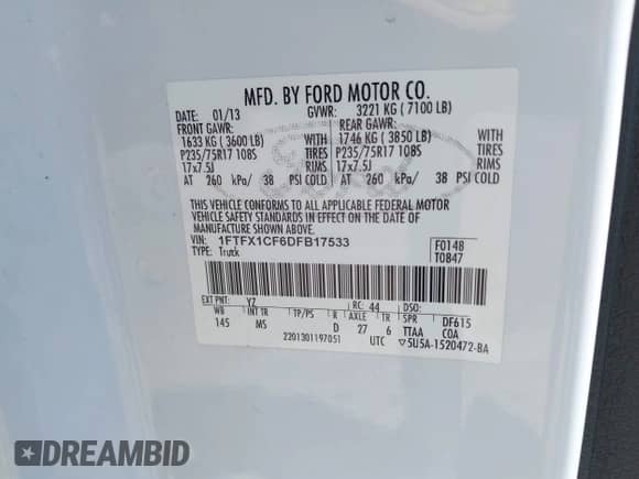 2013 Ford F-150 XL with VIN 1FTFX1CF6DFB17533, listed as a IAAI auction lot 42983779 with 232,196 mi miles and . Bid and sale history available at DreamBid. Image 9.