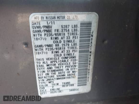 2011 Nissan Murano S z VIN JN8AZ1MW6BW169782, wystawiony jako IAAI lot #42400078 z przebiegiem 230 637 mil mil oraz . Historia ofert i sprzedaży dostępna na DreamBid. Obrazek 9.