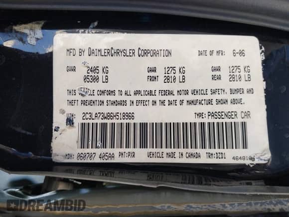 2006 Chrysler 300 C SRT-8 with VIN 2C3LA73W86H518966, listed as a IAAI auction lot 42725107 with 175,474 mi miles and . Bid and sale history available at DreamBid. Image 9.