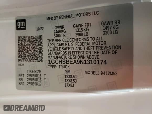 2022 Chevrolet Colorado 2WD Work Truck with VIN 1GCHSBEA9N1310174, listed as a Copart auction lot 67431215 with 28,824 mi miles and Salvage title. Bid and sale history available at DreamBid. Image 12.