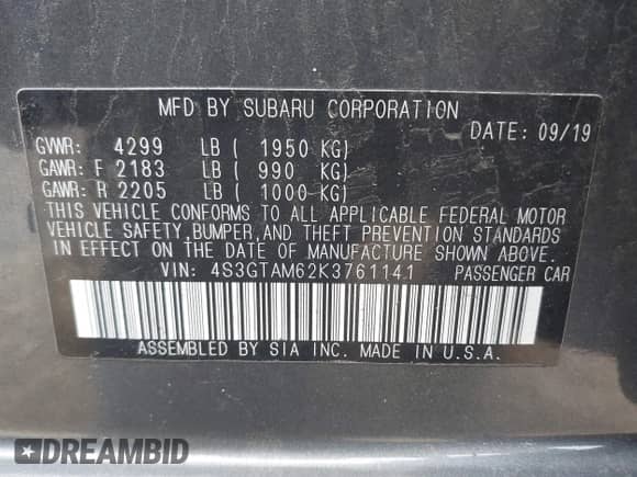 2019 Subaru Impreza Special Sports z VIN 4S3GTAM62K3761141, wystawiony jako IAAI lot #42037922 z przebiegiem 59 239 mil mil oraz . Historia ofert i sprzedaży dostępna na DreamBid. Obrazek 9.