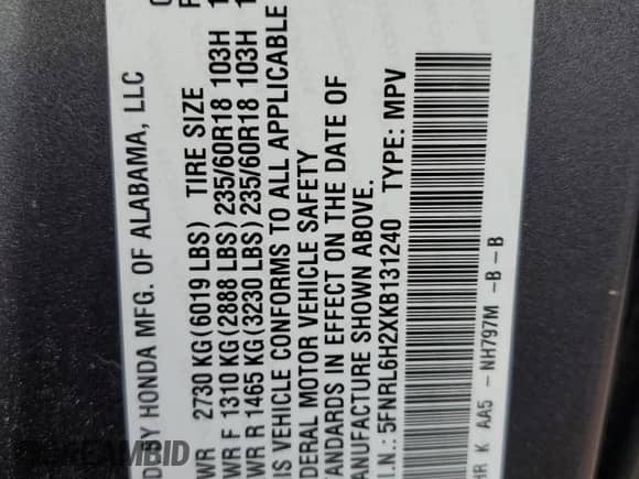 2019 Honda Odyssey LX with VIN 5FNRL6H2XKB131240, listed as a Copart auction lot 67848005 with 75,844 mi miles and Salvage title. Bid and sale history available at DreamBid. Image 13.