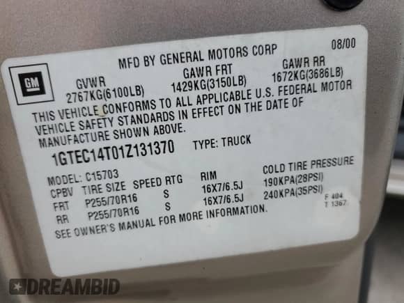 2001 GMC Sierra 1500 SLE с VIN 1GTEC14T01Z131370, выставлен на аукционе Copart как лот 85223164 с пробегом 150 547 миль миль и Списание • Salvage title. История ставок и продаж доступна на DreamBid. Изображение 12.