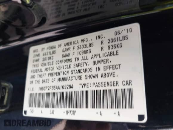 2010 Honda Accord EX-L with VIN 1HGCP2F85AA169204, listed as a IAAI auction lot 43419281 with Not provided miles and . Bid and sale history available at DreamBid. Image 9.