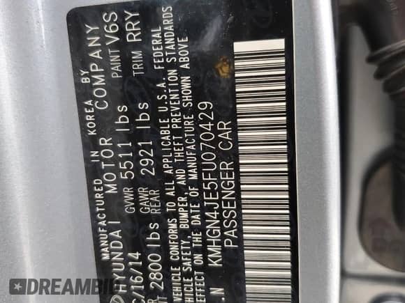 2015 Hyundai Genesis 3.8L with VIN KMHGN4JE5FU070429, listed as a Copart auction lot 63595835 with 43,021 mi miles and Salvage title. Bid and sale history available at DreamBid. Image 13.
