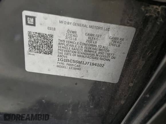 2018 Chevrolet Cruze LS с VIN 1G1BC5SM1J7194102, выставлен на аукционе Copart как лот 67433575 с пробегом 157 567 миль миль и Списание • Salvage title. История ставок и продаж доступна на DreamBid. Изображение 12.