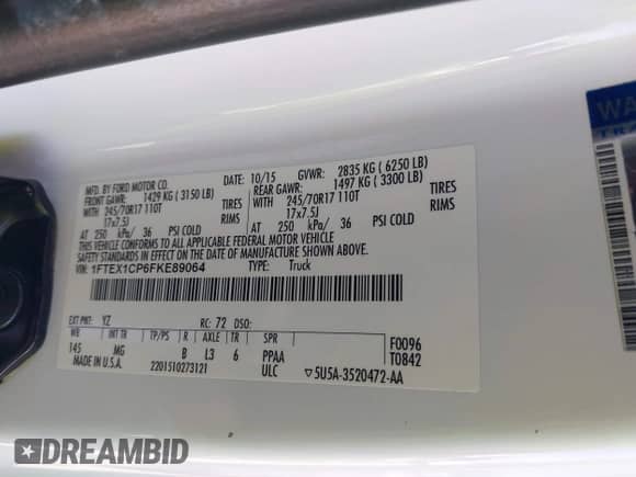 2015 Ford F-150 XL z VIN 1FTEX1CP6FKE89064, wystawiony jako IAAI lot #43406520 z przebiegiem 209 928 mil mil oraz . Historia ofert i sprzedaży dostępna na DreamBid. Obrazek 9.