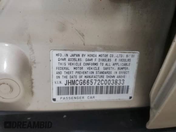 2002 Honda Accord LX with VIN JHMCG66572C003833, listed as a Copart auction lot 85338035 with 192,076 mi miles and Salvage title. Bid and sale history available at DreamBid. Image 13.