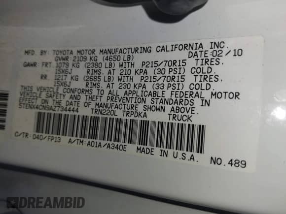 2010 Toyota Tacoma with VIN 5TENX4CN9AZ734444, listed as a IAAI auction lot 41471022 with 116,839 mi miles and . Bid and sale history available at DreamBid. Image 9.