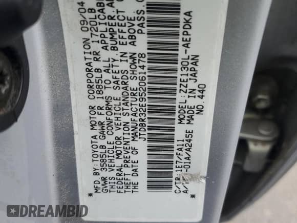 2005 Toyota Corolla CE with VIN JTDBR32E952061478, listed as a Copart auction lot 82504795 with 68,579 mi miles and Salvage title. Bid and sale history available at DreamBid. Image 12.