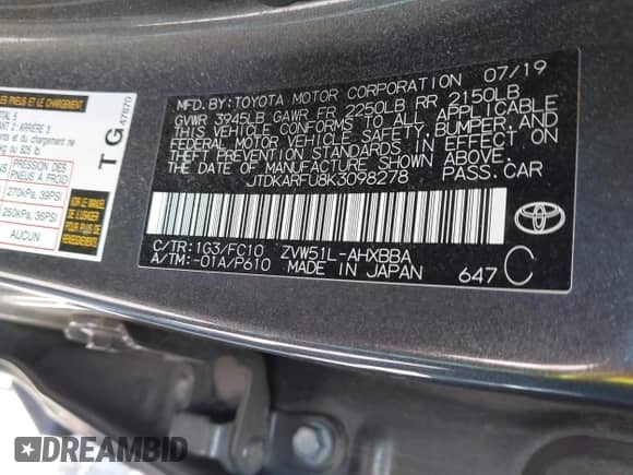 2019 Toyota Prius L Eco с VIN JTDKARFU8K3098278, выставлен на аукционе IAAI как лот 42390288 с пробегом 106 597 миль миль и . История ставок и продаж доступна на DreamBid. Изображение 9.