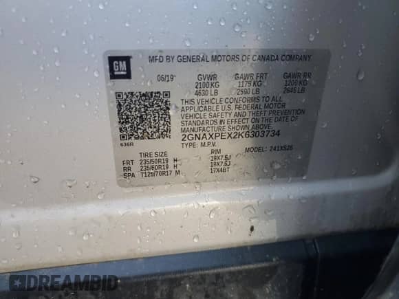 2019 Chevrolet Equinox Premier z VIN 2GNAXPEX2K6303734, wystawiony jako Copart lot #65396065 z przebiegiem 86 169 mil mil oraz Szkoda całkowita • Salvage title. Historia ofert i sprzedaży dostępna na DreamBid. Obrazek 13.